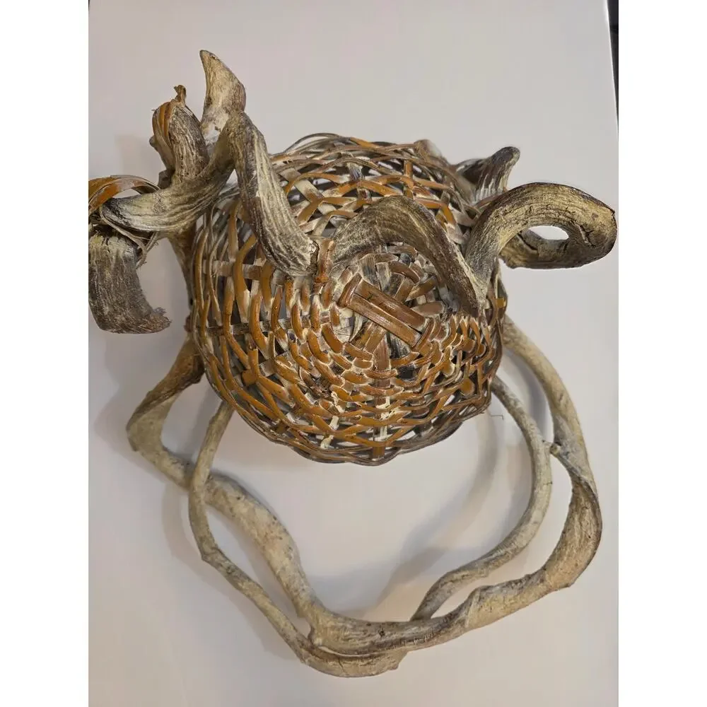 Handwoven Root Branches Rustic Sculpted Fruit & Leaves Basket Primitive Rustic